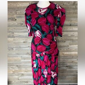 Vtg 80s Fuchsia Tulip Drop Waist Dress 16